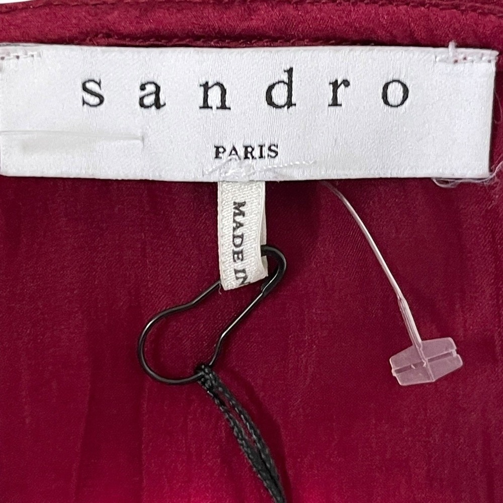 Sandro Silk Tie Dye Ruffle Blouse Womens 3 L Burgundy White Sleeveless Excellent - Picture 6 of 16